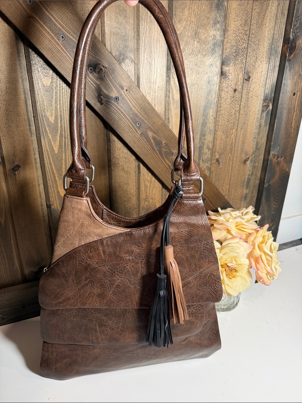 Espe Classic Brown Faux Leather Shoulder Bag with Dual Tassels